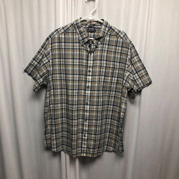 Eddie Bauer Plaid Short Sleeve Shirt Mens Size 2XL Beige Blue Cotton Classic Fit - Picture 1 of 5